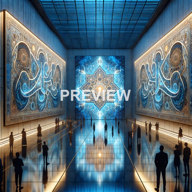 A spacious, modern interior with large illuminated digital artwork on the walls, featuring intricate patterns and calligraphy in a blue and gold color scheme, with visitors observing from a distance.
